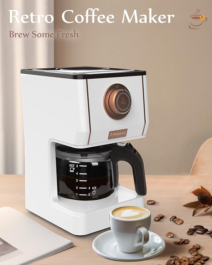 Amaste Retro Style Coffee Machine with 25 Oz Glass Coffee Pot, Reusable Coffee Filter & Three Brewing Modes, Warming Plate, Elegant White with Rose Gold