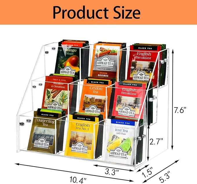 Tea Bag Organizer Holder, Acrylic Tea Packets Storage Box Container Display Stand Rack for Counter Cabinet Countertop Kitchen Office, 3 Tier