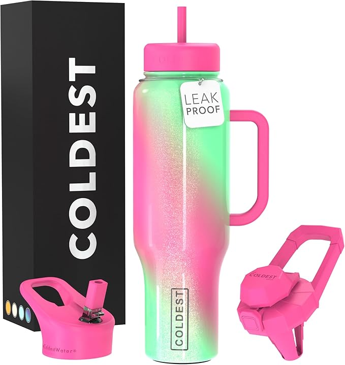 Coldest Tumbler with Handle and Straw, 100% Spill Proof Tumbler with Straw (3 Lids), Stainless Steel Insulated Leakproof Tumblers for Women Men, Cup Holder Friendly, 46 oz (Coldie Dream)