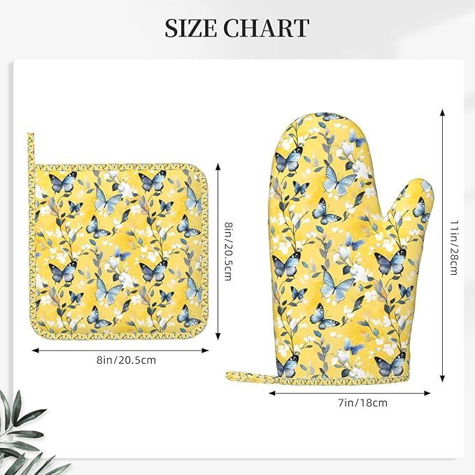 Oven Mitts and Pot Holders Watercolor Pastel Butterfly Flower Silicone Kitchen Accessories Set of 4 Heat Resistant Long Gloves Potholder Non-Slip Grip for Chef Cooking Baking Grilling BBQ