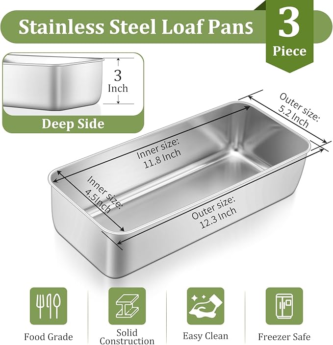 TeamFar Loaf Pan, 12 x 5 Inch Stainless Steel Loaf Pans for Baking Bread, 3 Pack Large Bread Loaf Baking Pan for Homemade Bread, Meatloaf, Cake, Brownies, Non-Toxic, Heavy-duty, Oven & Dishwasher Safe