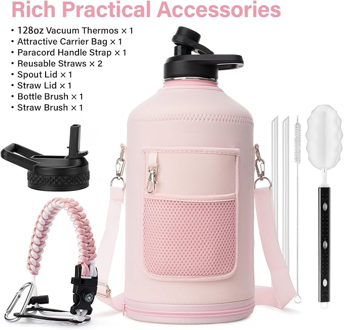 DYSANKY 1 Gallon Water Bottle Insulated | Thickened Stainless Steel Vacuum Metal Water Jug | Portable Sports Large for Gym and Hiking with Straw, Carrier Bag, Handle Strap | BPA-Free 128 oz