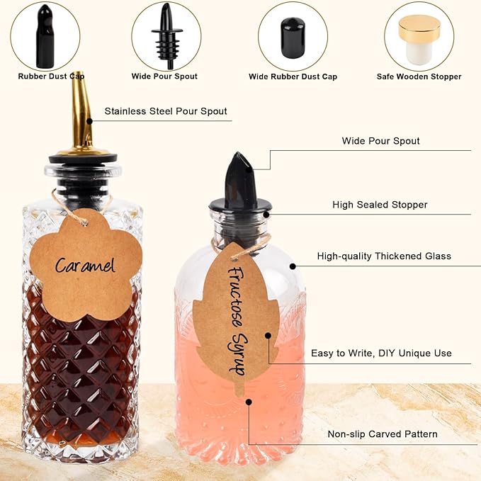 ChezMax Syrup Dispenser Bottles Set of 6, Simple Syrup Bottle for Coffee Bar Accessories, 5oz & 7oz Glass Coffee Syrup Dispenser Syrup Containers for Maple Honey Syrup Oil, Metal Pour Spouts & Labels