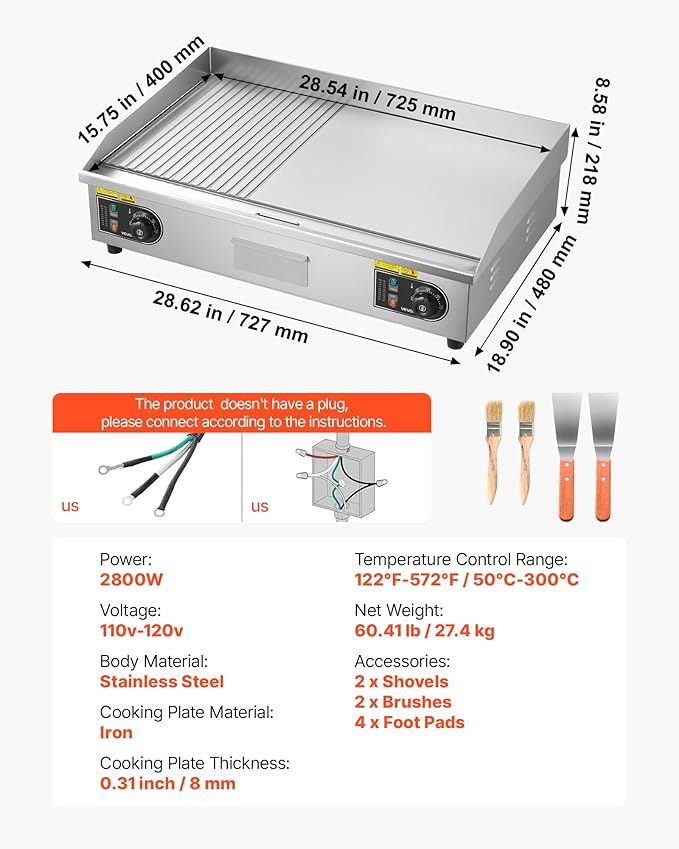 VEVOR Commercial Electric Griddle, 28.54 x 15.75 in, 2800W, 122-570°F Adjustable Temp Control, Stainless Steel, Half Grooved Half Flat, with 2 Spatulas, 2 Brushes, and 4 Foot Pads, for Steak(NO PLUG)