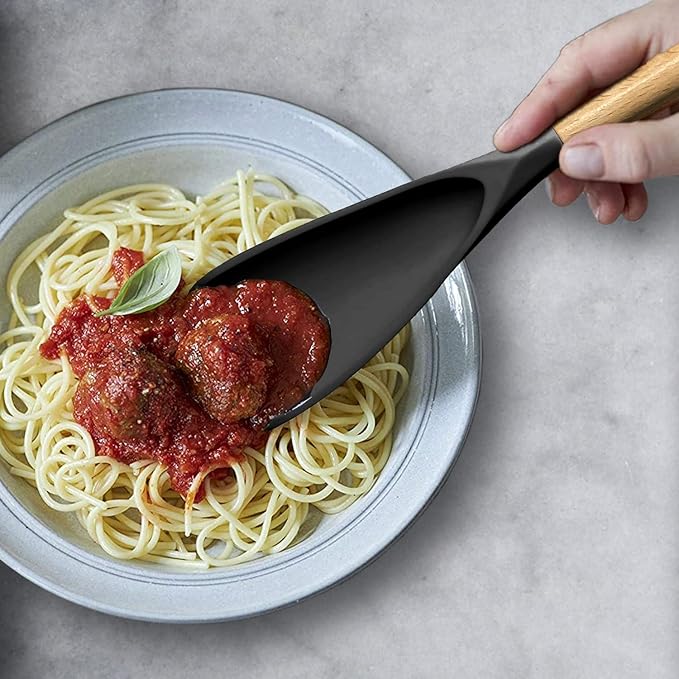 Cooking Spoon for Nonstick Cookingwares with Lengthed Wooden Handle, VOVOLY Silicone Spatula Spoon for Mixing, Scoop, and Scrape, Black, 13.4''