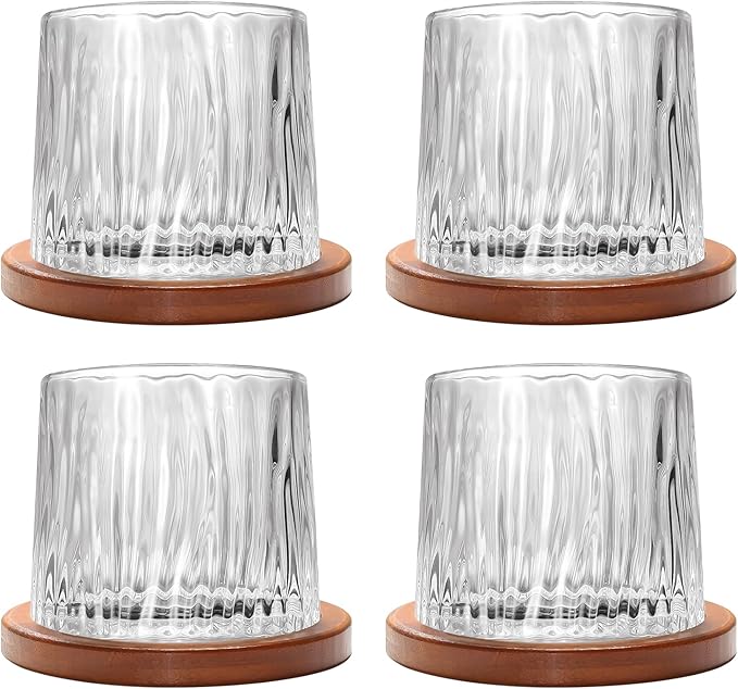 Rotatable Old Fashioned Glass, 275ml/10oz Crystal Whiskey Glass Set of 4, Wood Coaster, Thickening, Used as Rum Glass, Cocktail Cup, Coffee Cup, Milk Cup to Relax and Reduce Stress, Christmas gifts