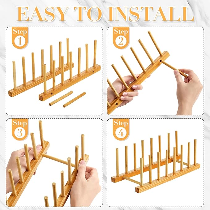 Zopeal 18 Pcs Bamboo Wooden Plate Racks Dish Rack Stand Holder 3/6/ 7 Slots Drainboard Drying Drainer Kitchen Cabinet Organizer for Dish Plate Bowl Cup Pot Lid Book