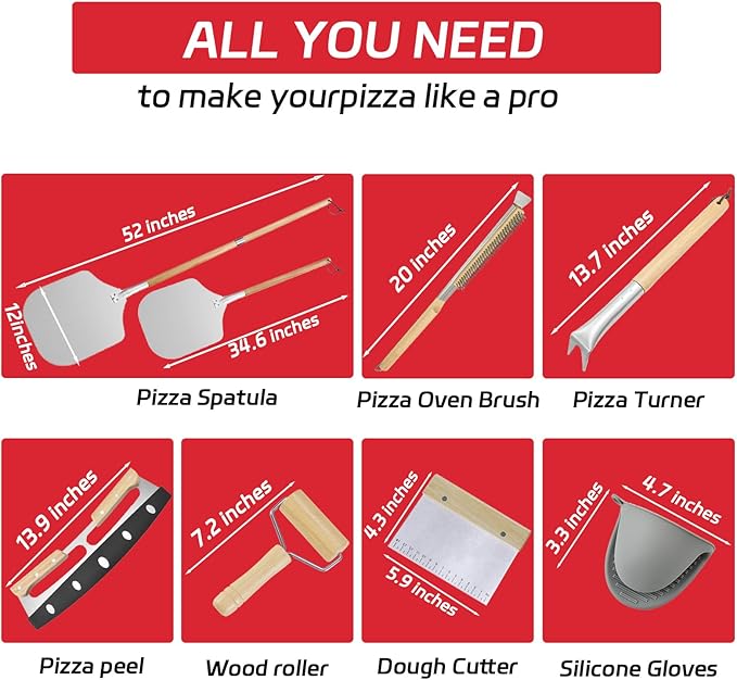 7PCS Pizza Oven Accessories Kit – Premium Pizza Making Tools Set for Home & Outdoor Ovens – Includes Pizza Peel, Oven Brush, Bubble Popper Turner, Rocker Cutter, Dough Roller & Scraper