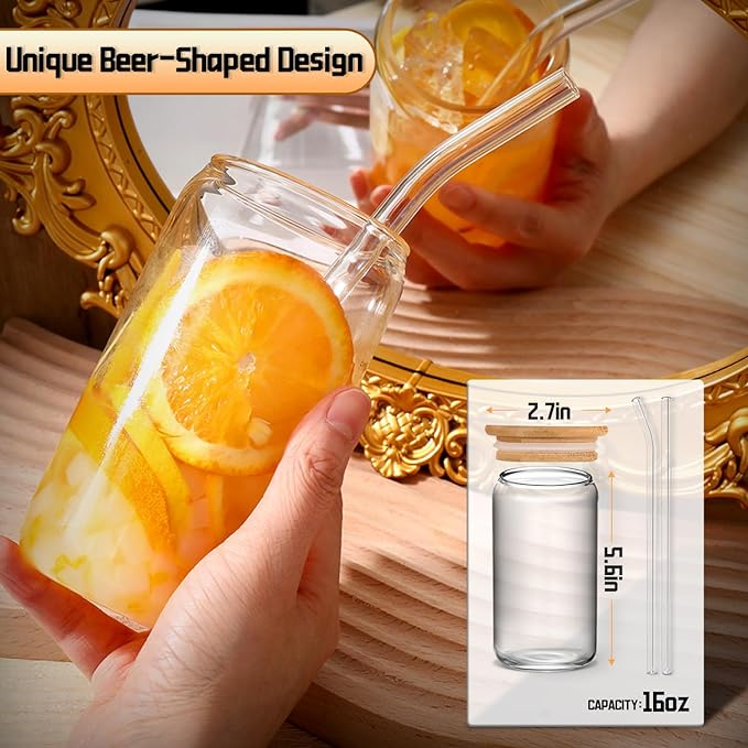 DWTS DANWEITESI Glass Cups with Lids and Straws 4 pcs,16oz Drinking Glasses Set for Coffee Bar Accessories,Iced Coffee Cups with Lids,Matcha Cup Glass Tumbler Reusable for Gifts