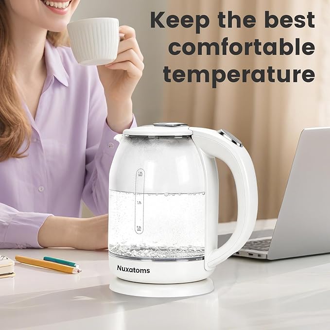 Household Electric Kettle, All 304 Stainless steel and No Plastic Contact, Automatic Shut-off,Borosilicate glass Visual Boiling, 2.0L Water Boiler & Tea Kettle Perfect For Tea & Coffee (pure white)