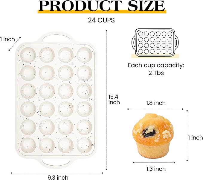 2 Pcs Mini Muffin Pans with Metal Reinforced Frame, 24 Cups Nonstick Silicone Cupcake Tray for Baking, Food Grade Small Muffin Molds with Handles (Cream)