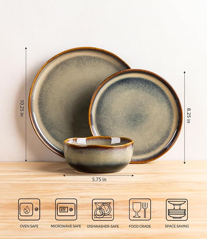 TheTerra Ceramic Dinnerware Sets for 4, 12 Pieces Porcelain Lightweight Plates and Bowls Sets, Scratch Resistant Dish Set, Oven & Microwave & Dishwasher Safe, Coffee Bean