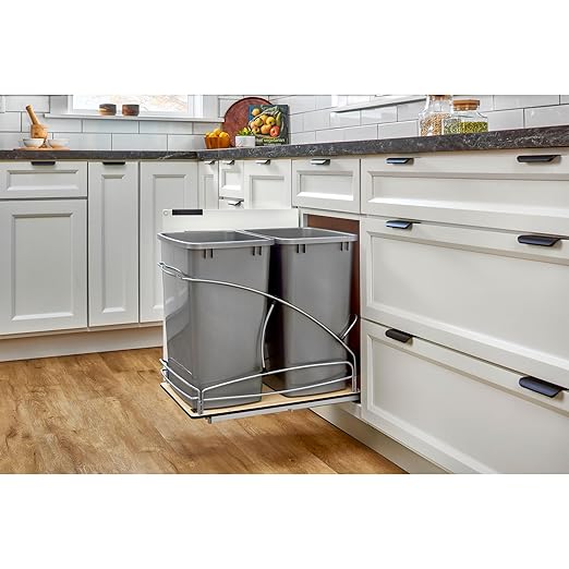Rev-A-Shelf Steel Bottom Mount Double 35 Quart 8.75 Gallon Waste Bin Trash Container for Under Kitchen Cabinet with Soft Close, Gray, 54WC-1835SC-17-1