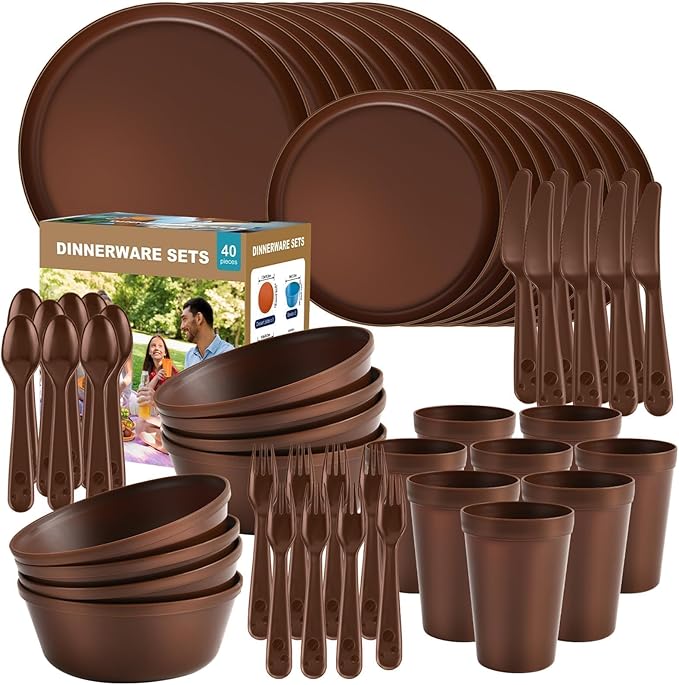 40 Piece Plastic Dinnerware Set for 8 with Cutlery, Unbreakable Plates and Bowls Set, Dishwasher & Microwave Safe Reusable Dish Set for Camping, RV, Outdoor Kitchen, Apartment Dining, Brown