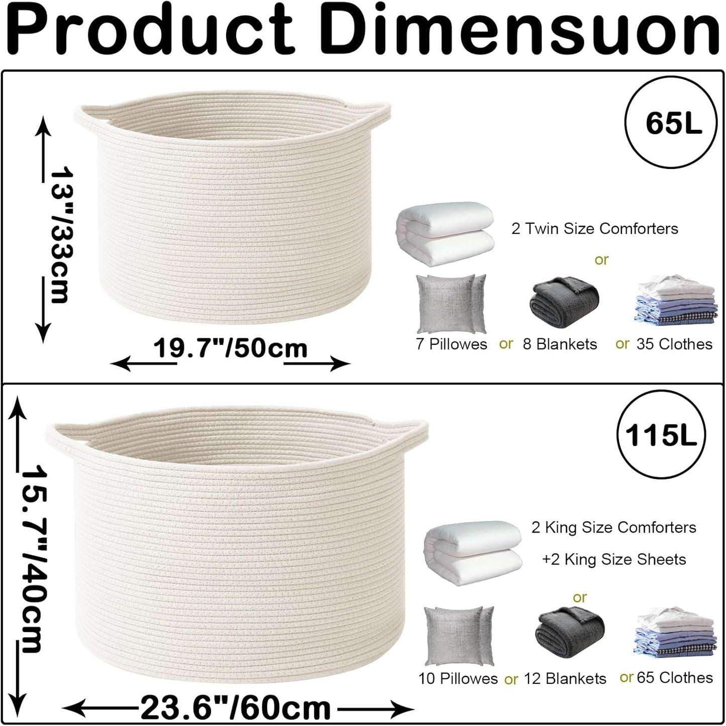 Large Blanket Basket for Organizing,65L Closet Organizers and Storage Bins Box for Shelves Woven Rope Storage Baskets,Living Room,Bedroom,Dorm,Laundry room (White)