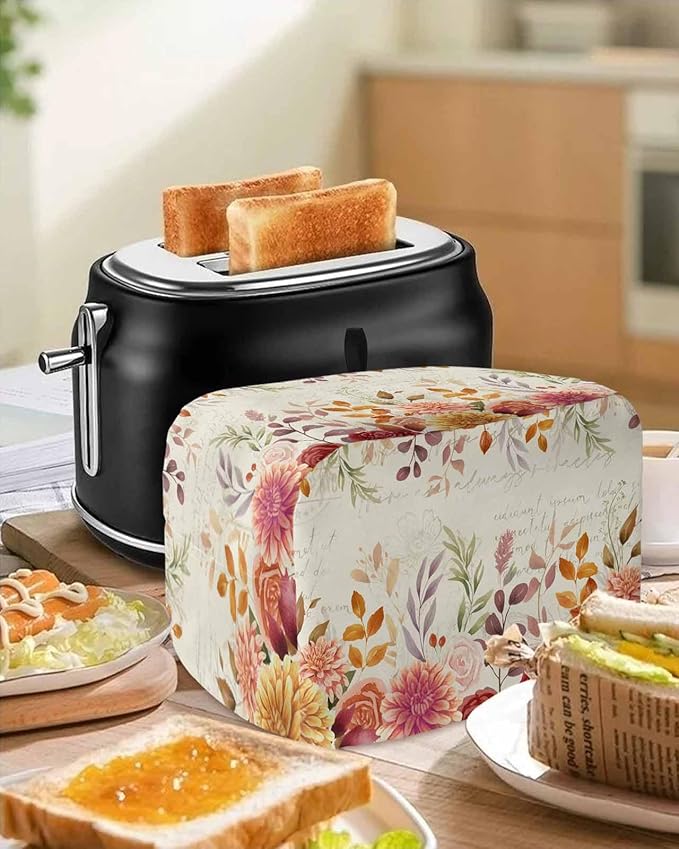 Red Orange Floral Fall Toaster Cover 2 Slice, Thanksgiving Eucalyptus Leaves Dustproof Bakeware Oven Protector with Top Hook, Rustic Waterproof Small Kitchen Appliance Toasters Dust Cover, 11"x6"x8"