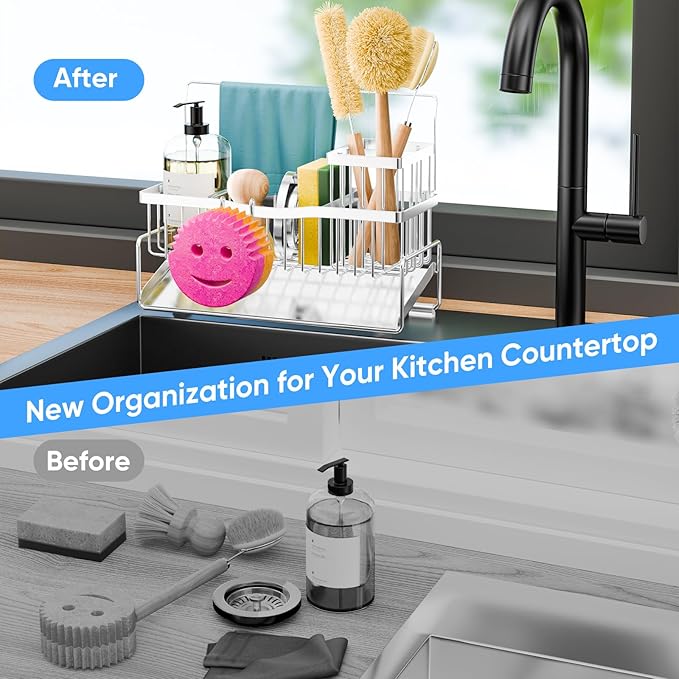 Sponge Holder for Kitchen Sink 304 Stainless Steel Self-Draining Sink Caddy with Smiley Face Sponge and Brush Holder Towel Bar and Divider Kitchen Gadgets Organizer for Countertop, Silver