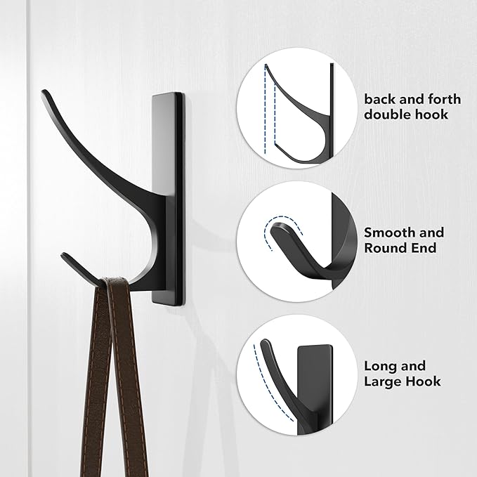pickpiff 10 Pack Matt Black Self Adhesive Coat Hooks for Hanging: 13LB Extra Strong Stainless Wall Hook for Towel, Utensil, Backpack, Hat, Sturdy Metal Hanger for Bathroom, Kitchen, Door