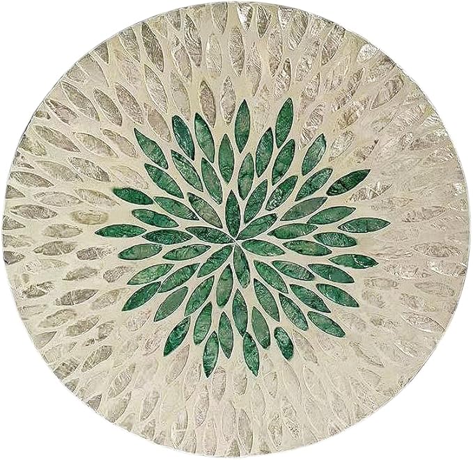 12 Inch Mother of Pearl Shell Placemat Plate – Large Round Decorative Heat for Table or Kitchen, Cabinet, Tabletop (Green Leaves, 12 Inch)