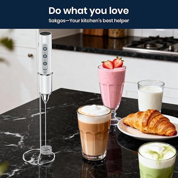 Sakgos Milk Frother with Stand Rechargeable-Handheld Coffee Frother with 3 Stainless Whisks 3 Speed Adjustable, Electric Whisk Drink Mixer, Foam Maker Blender for Matcha Latte Cappuccino Chocolate
