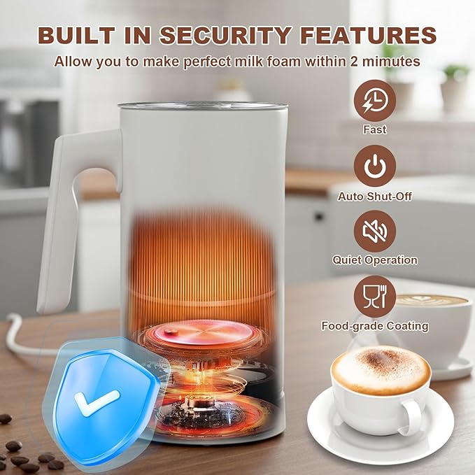 4 in 1 Electric Milk Frother Automatic Hot & Cold Foam Maker Auto Shut-Off Durable Stainless Steel Milk Frother Silent Working Easy to Clean for Cappuccino, Hot Chocolate (White)