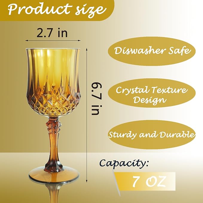 Plastic Wine Glasses, Plastic Goblets Vintage Style Cordial Unbreakable Drinking Glasses, Reusable Drinkware for Wedding Reception, Grand Event Party Supplies (48, Amber)
