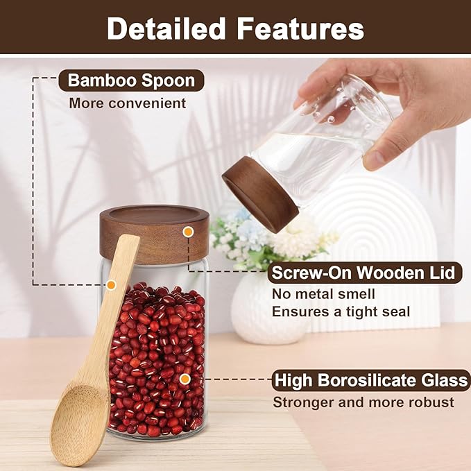 Coffee Jars Set of 2, Empty 9oz 270ml Glass Storage Jars with Airtight Wood Lids, Screw Top Kitchen Glass Container, Sugar Canister for Spice, Snacks, Loose Tea, Candy, Oats, Beans, Seasoning