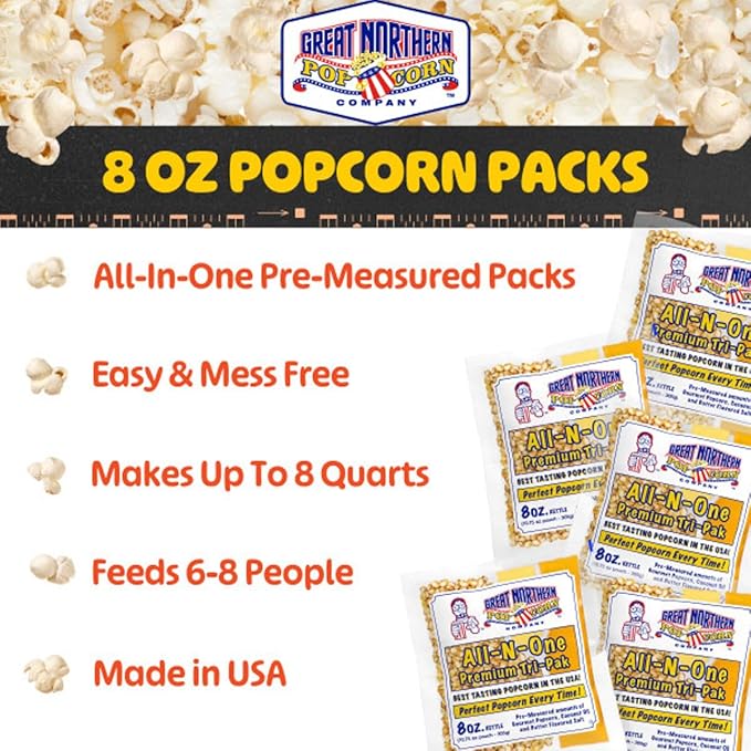 Movie Theater Style Popcorn Packs - Pre-Measured 8-Ounce All-in-One Kernel,Salt,Oil Packets for Popping Machines by Great Northern Popcorn,(Pack of 24)