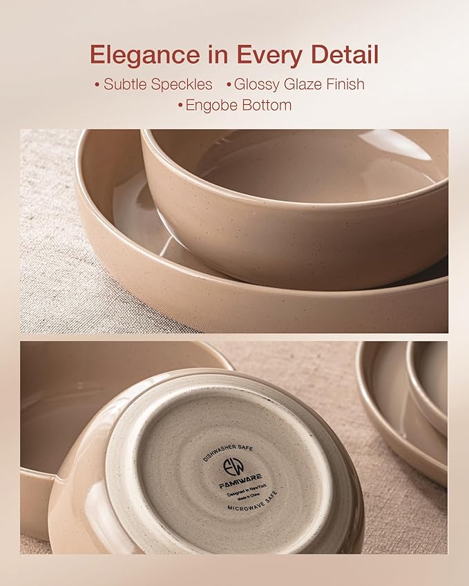 Famiware Milkyway Dinnerware Set with Mugs, Service for 4 (16pcs), Ribbed Stoneware Plates and Bowls Dishes Sets - Chip & Scratch Resistant, Microwave & Dishwasher Safe, Cinnamon Brown
