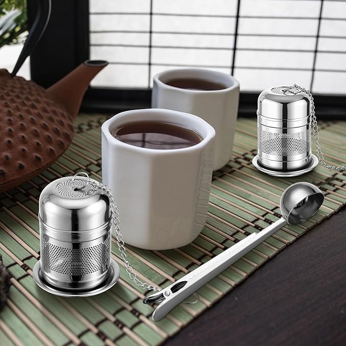 Umigy 4 Pcs Tea Infuser Strainers for Loose Tea with Scoop, Extra Fine Mesh Steeper 304 Stainless Steel Diffuser Leaf Holder with Extended Chain Hook for Brew, Spices, Seasoning (Stylish Style)