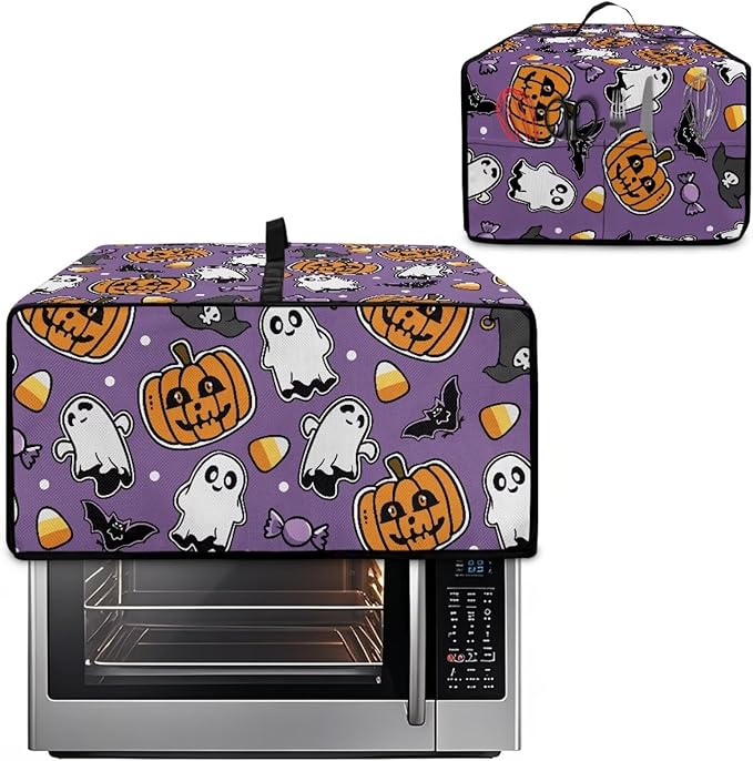 Air Fryer Toaster Oven Cover with Side Pockets, Protective Electrical Appliance Cover Kitchen Countertop Accessories, M, Ghost Pumpkin Bat Candy Violet Halloween Decor