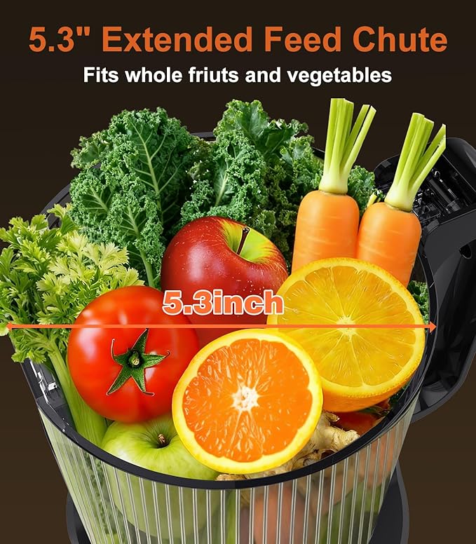 Juicer Machines, 5.3" Large Feed Chute Cold Press Juicer with Double Press Technology, 400W Motor, High Juice Yield, Easy to Clean, Masticating Juicer for Whole Vegetables & Fruits, Black