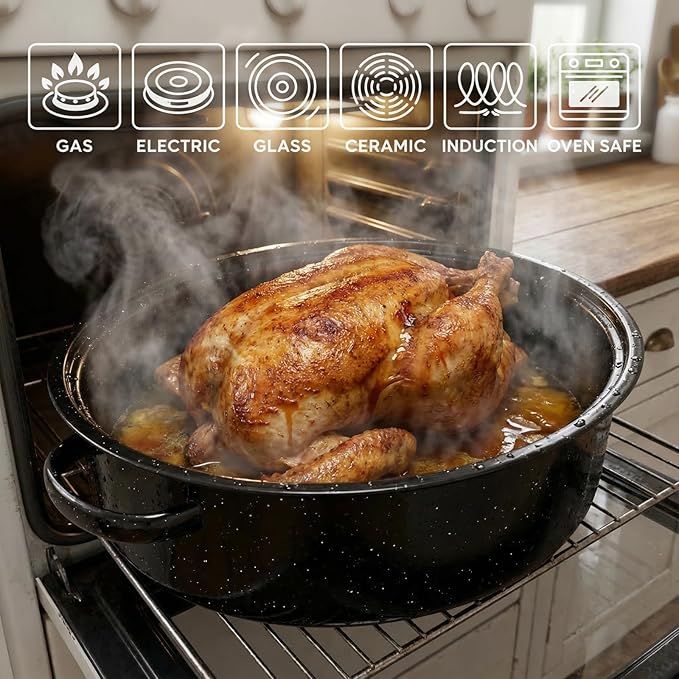 Enamel Roaster Pan With Lid and Rack Set 13"19"Granite Roasting Pans, Oval Large Turkey Baking Pan Suitable for Cooking 20lb Poultry and Beef High Temperature Resistance Oven Cookware
