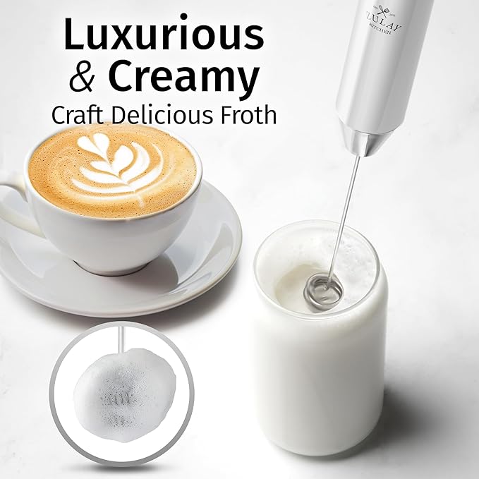 Zulay Kitchen Rechargeable Milk Frother Handheld Lux - Powerful 2-Speed Motor, Waterproof, 2000mAh Battery - Drink Mixer for Latte, Cappuccino, Matcha & Protein Powder - Snow White
