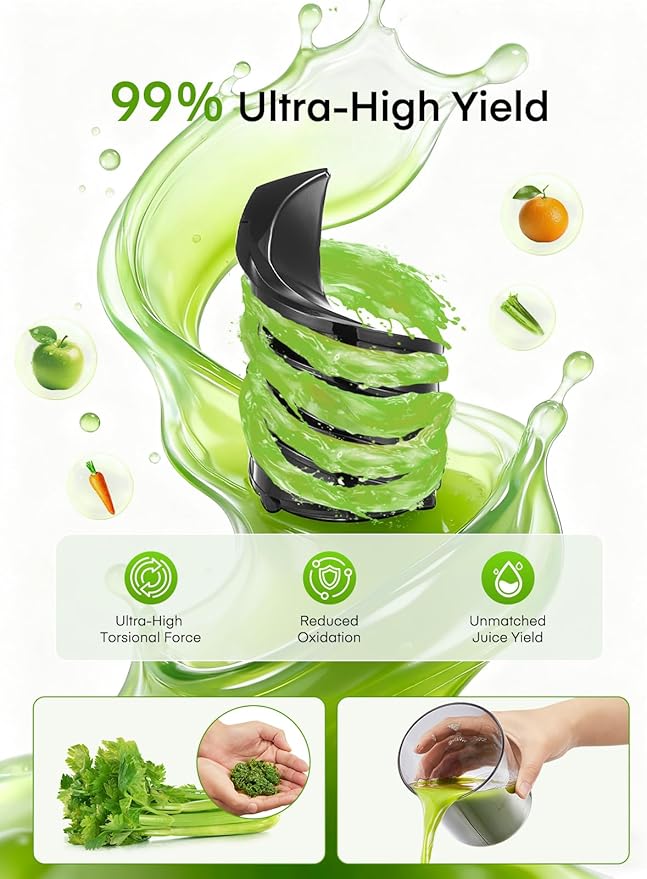 Juilist Cold Press Juicer, High Yield, Quiet Masticating Slow Juicer, Nutrient Preservation, Easy to Clean, Space Saving, Whole Fruit Vegetable Juicer for Home Use, BPA Free (Black)