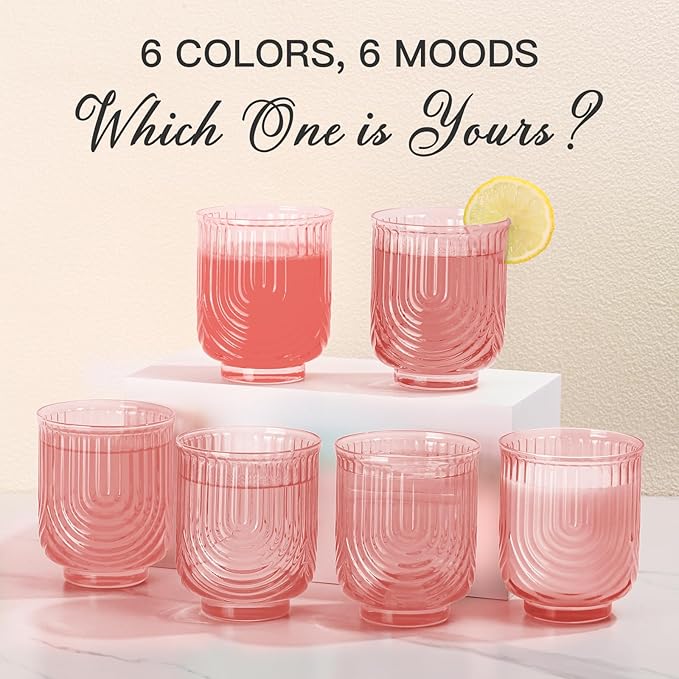 JOVGANK Pink Vintage Drinking Glasses Set of 6-14Oz Pink Glass Drinking Glasses, Art Deco Ripple Highball Glass, Whiskey Cocktail Glasses, for Bar Coffee Juice, Housewarming and Mother's Day Gift