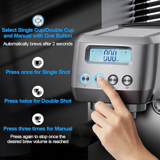 Horavie Espresso Machine 20 Bar, Compact Espresso Maker with Milk Frother, Stainless Steel Cappuccino & Latte Machine with LCD Screen, Adjustable Temperature, 44oz Water Tank for Home, Office