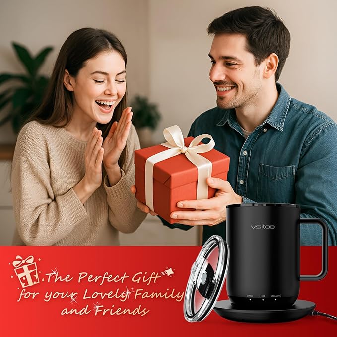 Vsitoo S3 Plus 14oz Heated Coffee Mug - Temperature Control Smart Mug with Mug Warmer, Auto-Sensing AI Heats Drinks to 120-150°F Hands-Free.Ideal for Home/Office/Gifts，Black