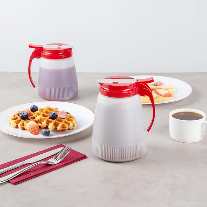 Restaurantware-Chef 101 48 Ounce All Purpose Syrup Dispensers, 10 Honey Dispensers - Red Top, Stainless Steel Slide Cover, Plastic Pancake Syrup Bottle, Perfect For Diners, Restaurants, Home