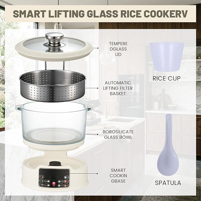 3L Low Carb Rice Cooker,Auto Lift Filter Basket for Low Sugar Rice, 6-Cup Stainless Steel Glass Rice Cooker with Steamer,for Rice, Soup, Oats,Digital Keep Warm (White)