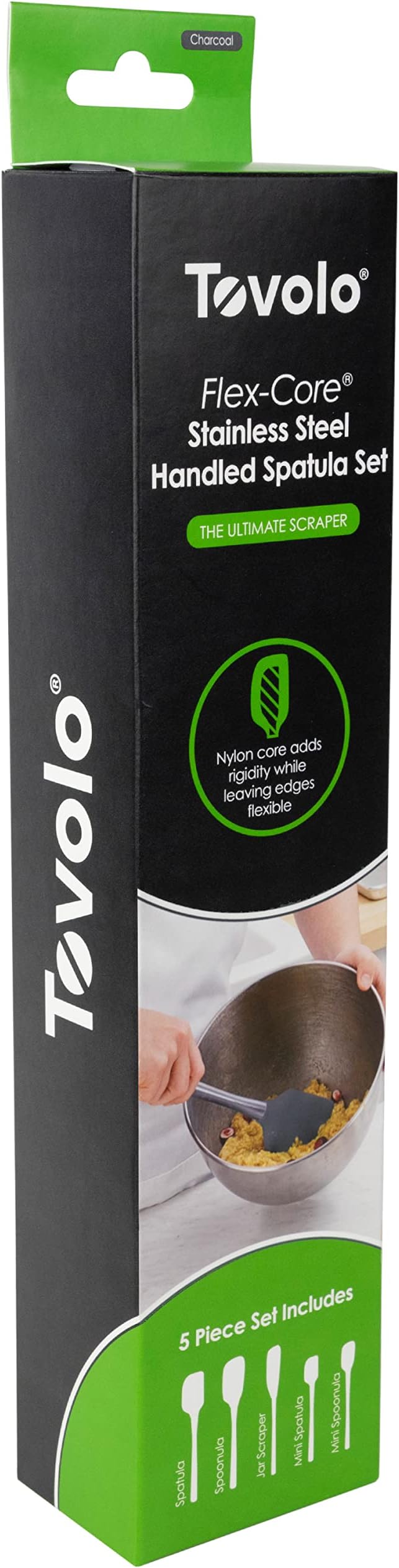 Tovolo Stainless Steel Handled Silicone Spatula Set of 5 Charcoal Gray, Dishwasher Safe Kitchen Spatula Set for Cooking Baking, Non Toxic BPA Free Silicone Spatula set with Metal Steel Handle