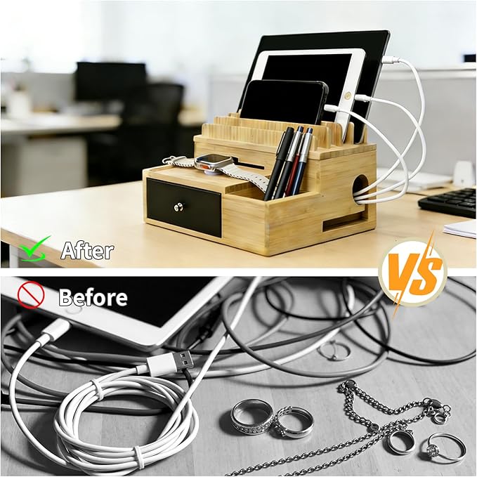 Bamboo Charging Organizer for Multi-Devices, with Drawer and Pen Holder, Nightstand Desk Charging Stations Electronic Organizer for Cell Phone, Tablet, Etc (with 5-Cable, No USB Charger)