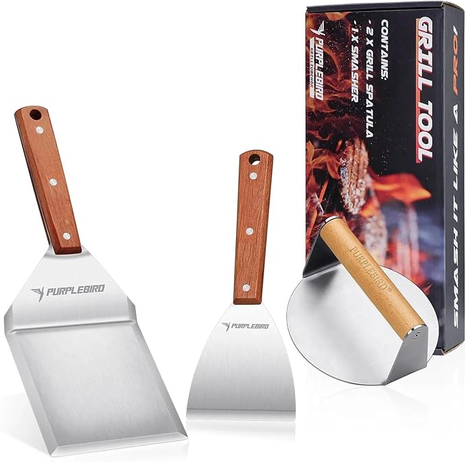 PURPLEBIRD Smash Burger Press Kit 3PCS Set, Stainless Griddle Spatulas Set with Professional Burger Smasher for Griddle, Heavy Duty Grill Press for Smash Burgers BBQ Grilling, for Men