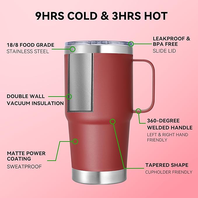 20 oz Stainless Steel Tumbler with Handle Metal Insulated Coffee Travel Mug with Handle Double Wall Tumbler Cup with Lid and Straw, Wine Red 1 Pack