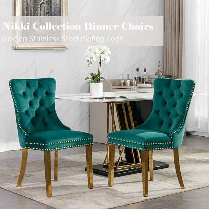 Velvet Dining Chairs Set of 2, Upholstered Dining Room Chairs with Back Ring Pull Trim and Golden Stainless Steel Legs,Tufted Wingback Chair Perfect for Dining Room,Living Room,Kitchen(Green)