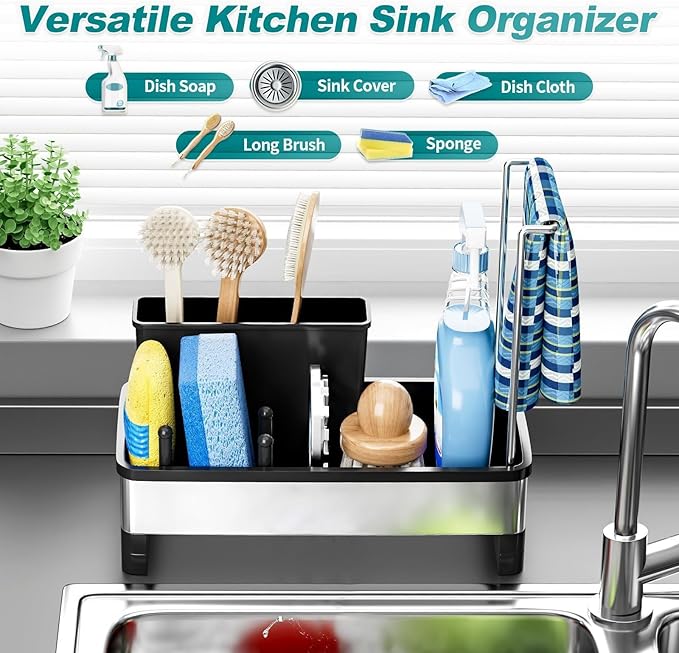 304 Stainless Steel Sink Caddy with Auto-Drain, Kitchen Sink Organizer Sponge Holder with Towel Rack & Removable Brush Holders, Countertop Storage for Soap Dispenser, Dishcloth, Kitchen Accessories
