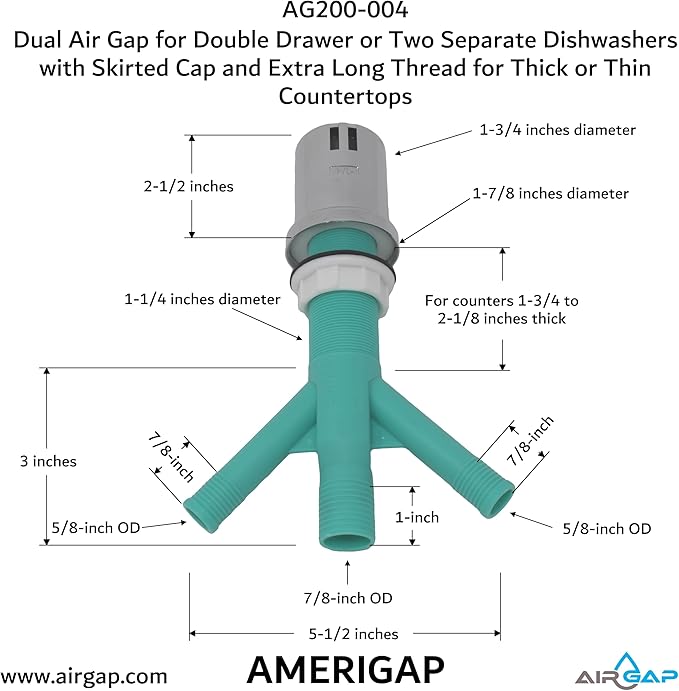 Dual Air Gap for Double Drawer or Two Separate Dishwashers with Skirted Cap and Extra Long Thread for Thick or Thin Countertops (AG200-004, AG200-001, T52, AMERIGAP)