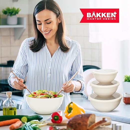 Bakken Master 12 Piece Plastic Nesting Bowls with Lids - Mixing Bowls Set includes 6 Prep Bowls and 6 Lids, BPA-Free, Reusable Meal Prep Containers, Microwave, Freezer & Dishwasher Safe, White Cream