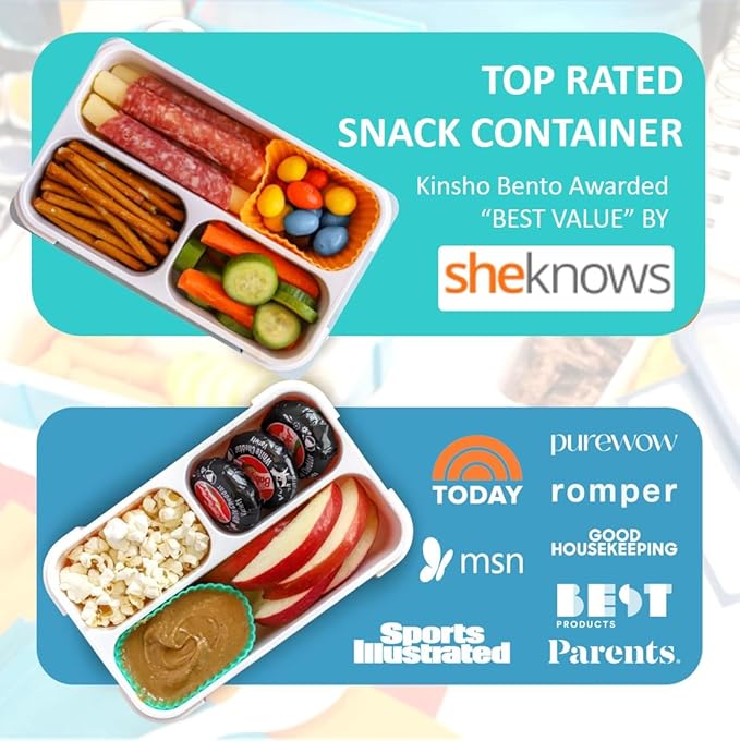 Small Snack Containers for Kids Toddlers - 3 Compartments (Set of 2) - Leak-Proof Reusable Boxes with Lids - BPA-Free Plastic Mini Bento Lunch Box - Holds 2 Cups Capacity (Pastel Blue+Teal Sparkle)