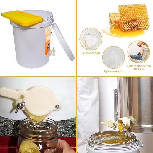 Honey Bucket 5 Gallon Beekeeping Supplies-Honey Gate & Stainless Steel Double Sieve Honey Strainer Honey Filter Bag Uncapping Tank Holder Honey Harvesting Equipment Beekeeping Kit (5 PCS/Set)